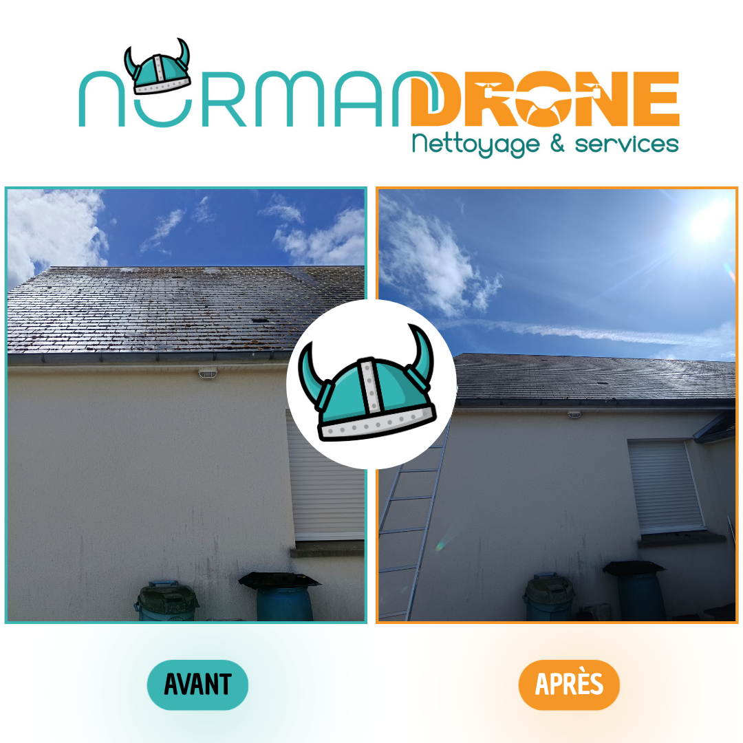 Avant après démoussage et traitement d’une toiture à La Cambe dans le Calvados