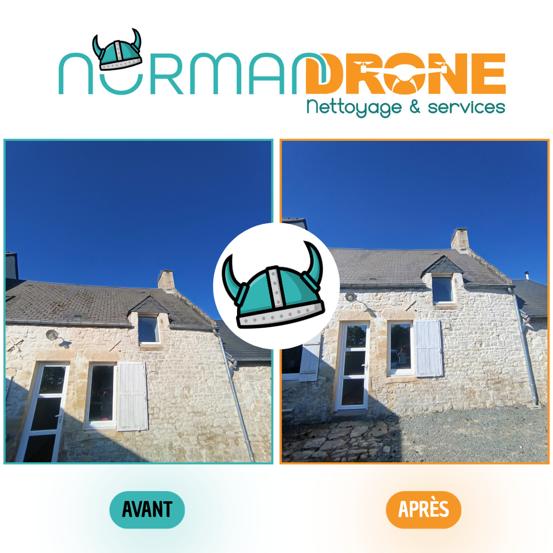 Avant après démoussage et traitement d’une toiture en ardoise à Maisons dans le Calvados