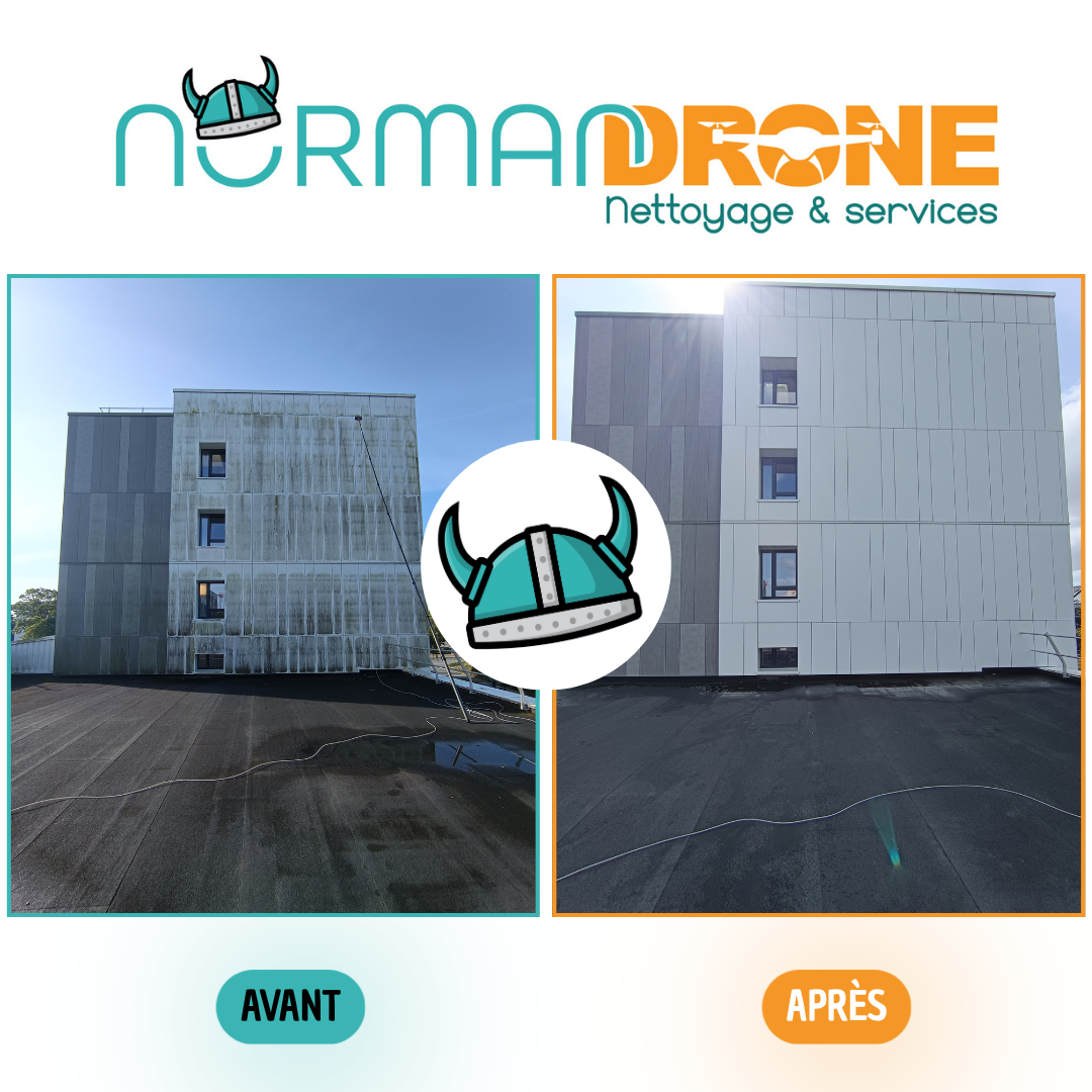 Avant après du nettoyage de bardage à la cité universitaire de Lébisey à Caen par Normandrone