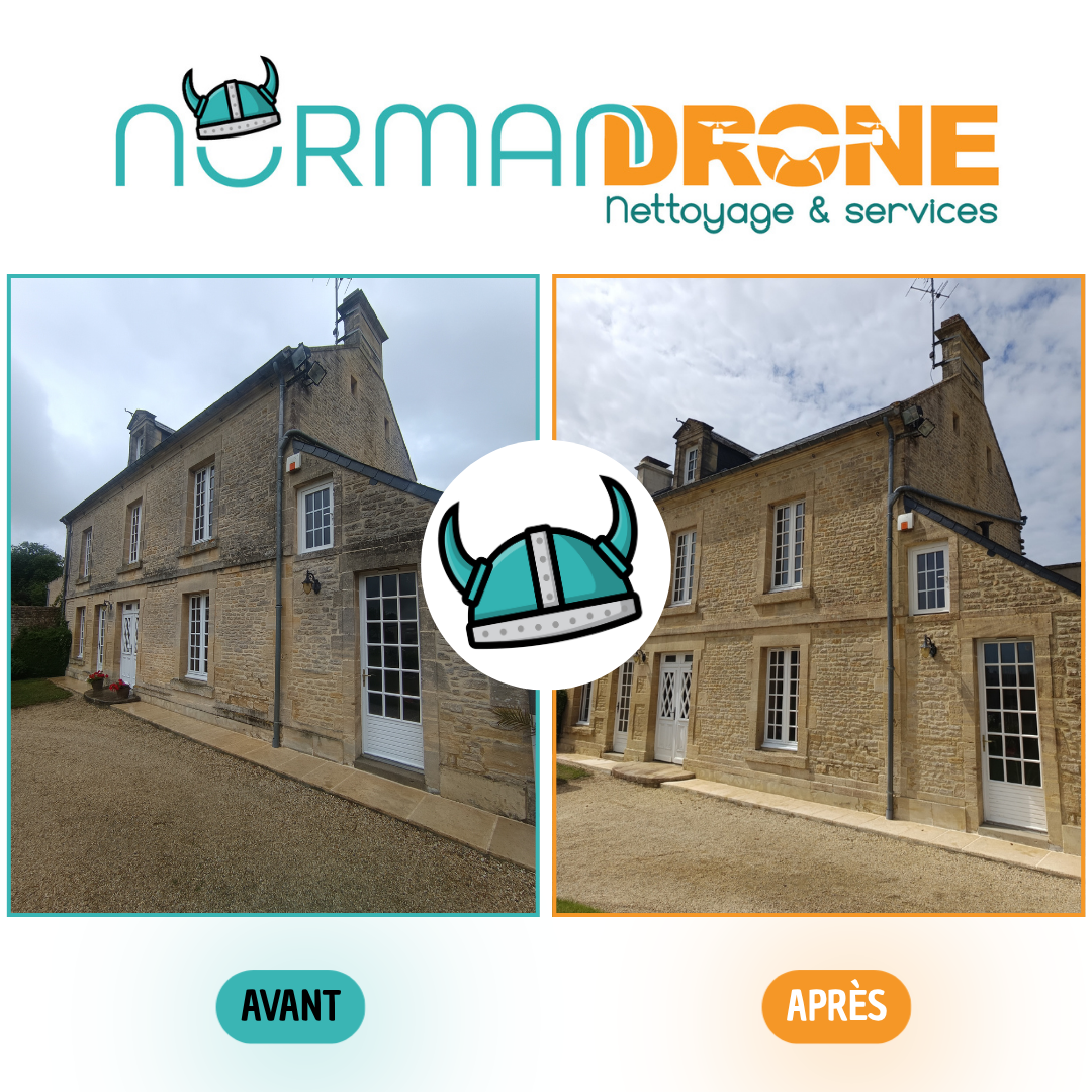 Avant après d’un nettoyage de façade à Banville réalisé par Normandrone