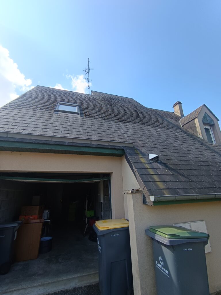 Mousses présentes sur une toiture en ardoise avant démoussage à Saint-Germain-la-Blanche-Herbe