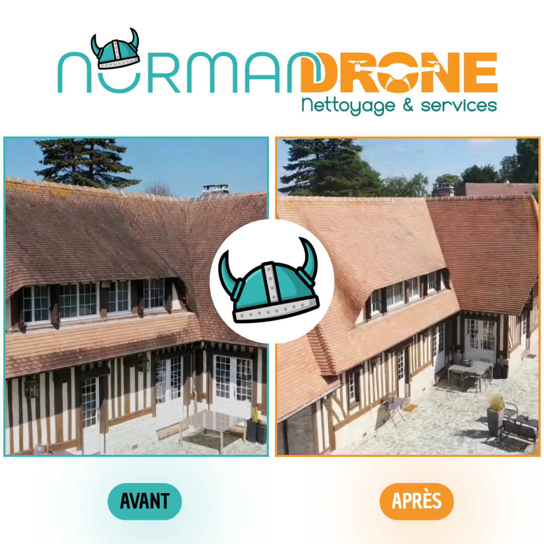 Avant après d’un nettoyage de toiture à Bayeux réalisé par Normandrone