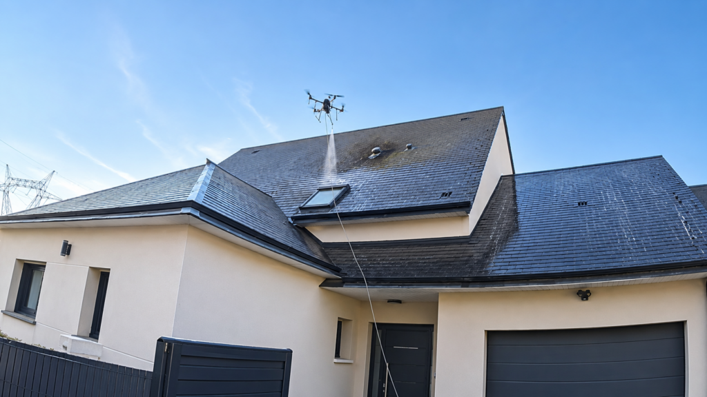 Traitement d'une toiture en ardoise par drone à Hubert-Folie dans le Calvados