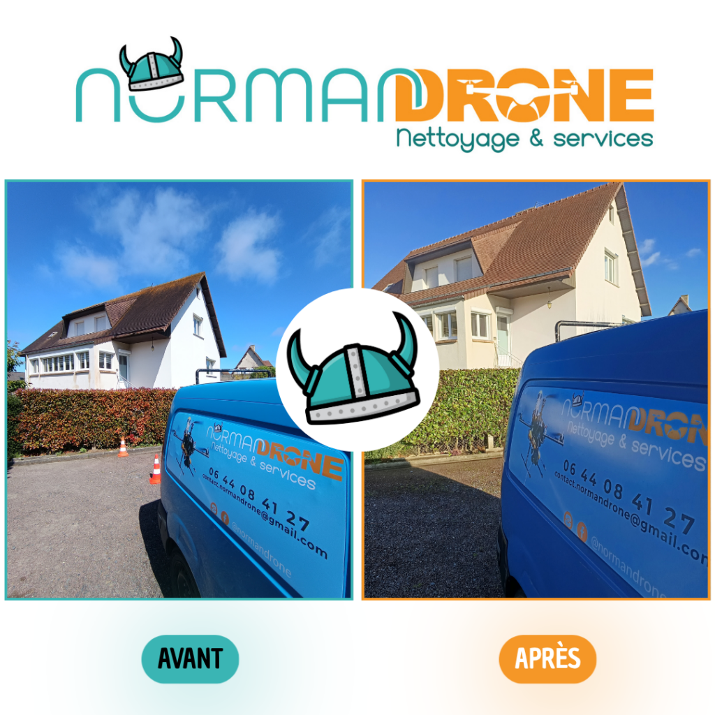 Avant après du traitement d’une toiture en tuiles à Courseulles-sur-Mer par Normandrone