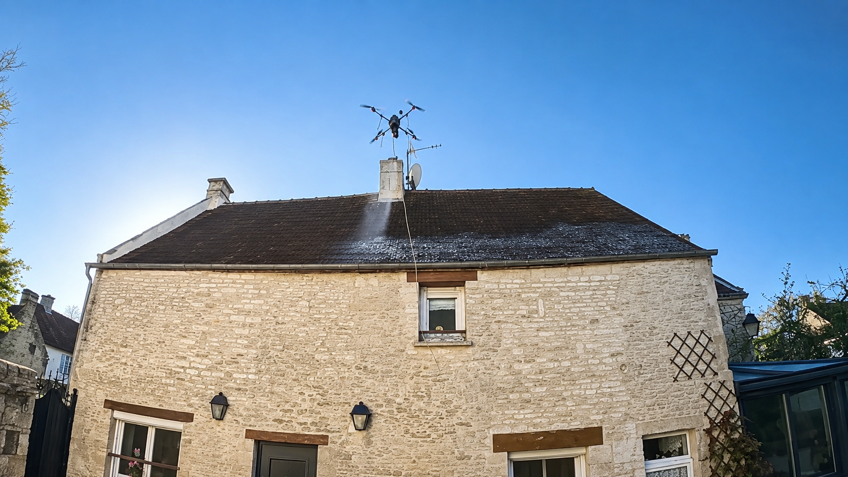 Traitement d’une toiture en tuile par drone à Plumetot réalisé par Normandrone
