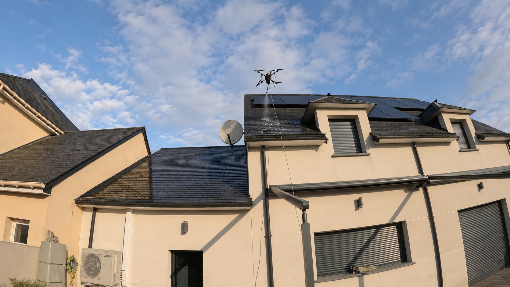 Drone appliquant un traitement sur une toiture avec panneaux solaires à Hubert-Folie