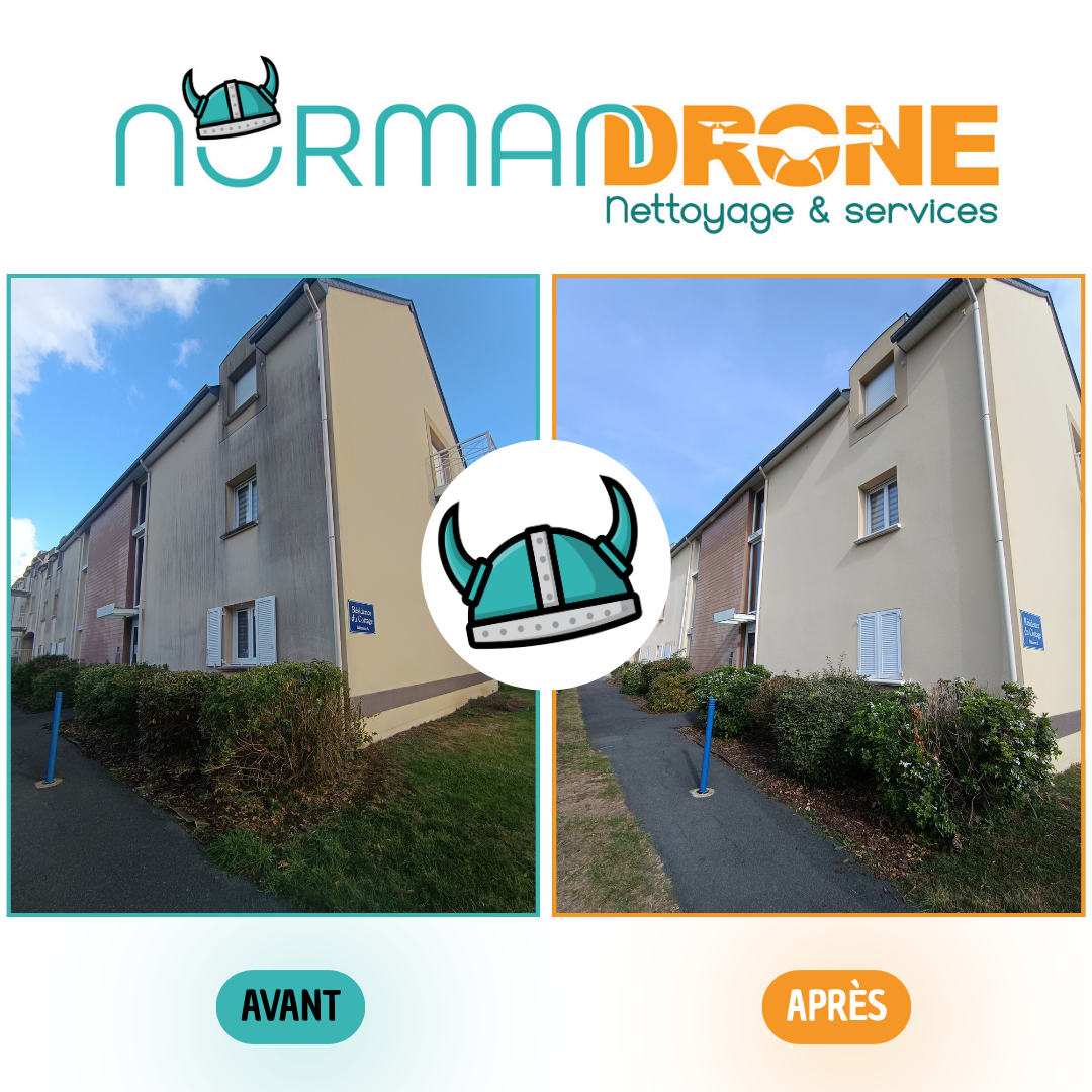 Avant après nettoyage de façade à la résidence Le Cottage à Port-en-Bessin-Huppain par Normandrone