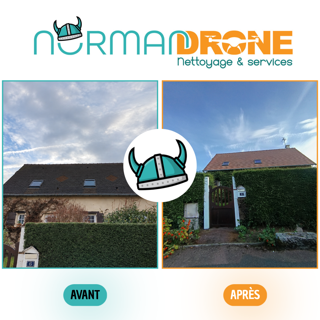 Avant après traitement à action lente d’une toiture en tuiles à Arromanches-les-Bains