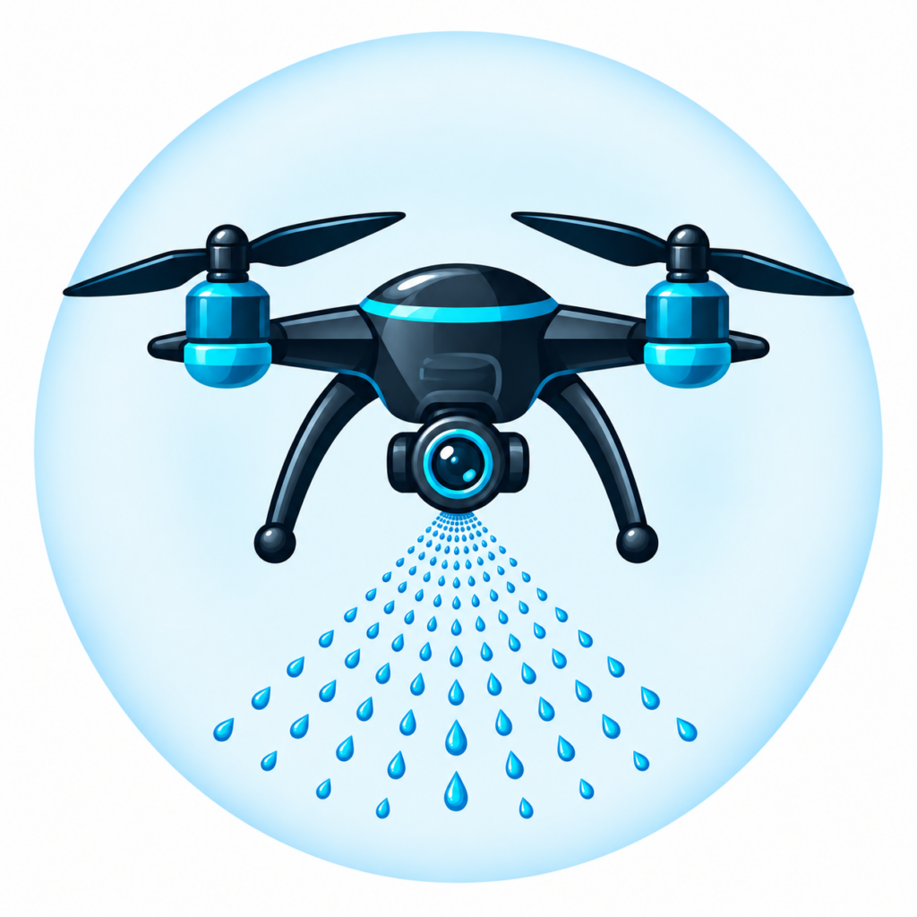 Pictogramme d’un drone réalisant une pulvérisation sur un bâtiment