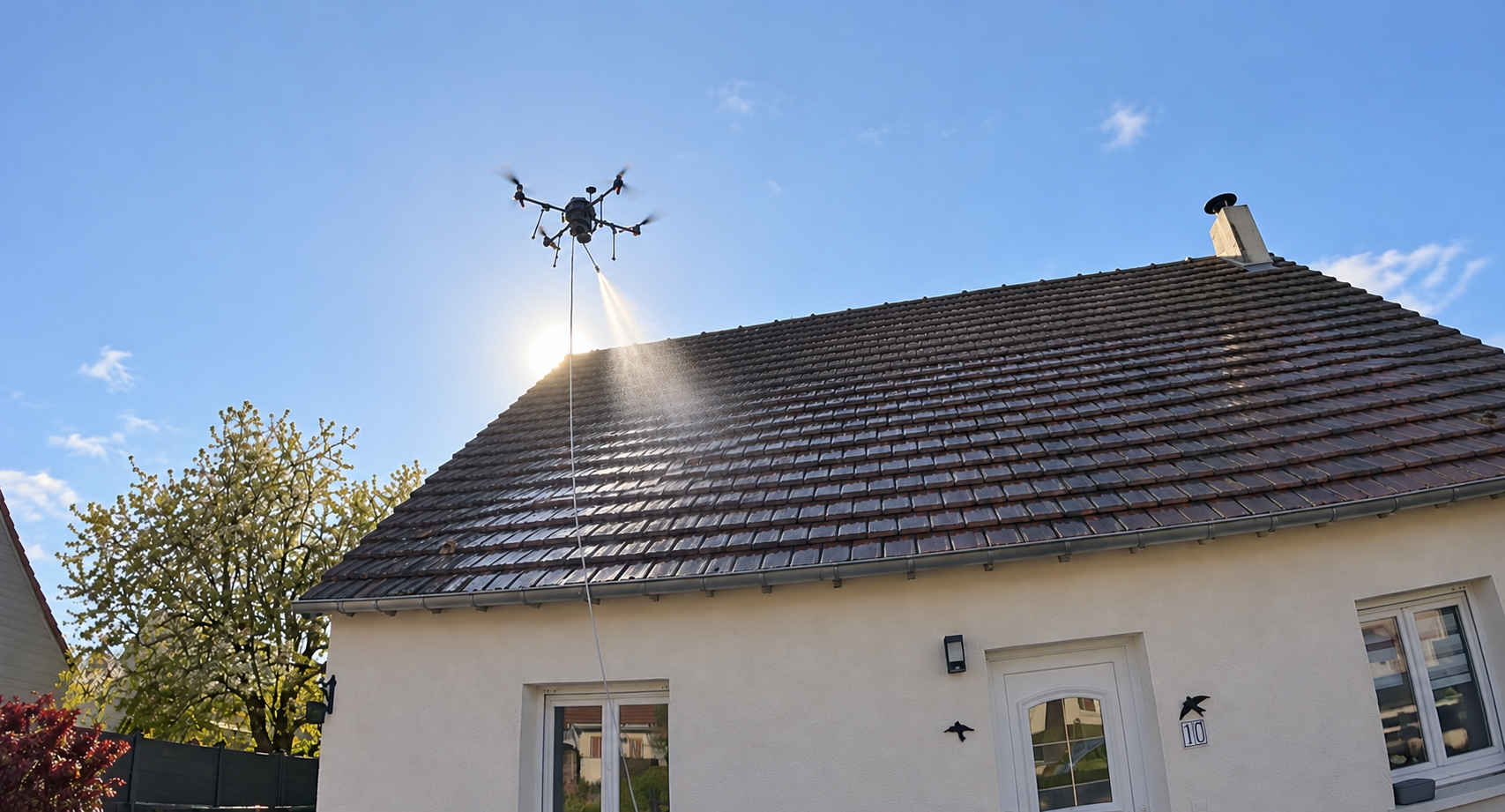 Traitement anti-mousse d’une toiture en tuiles par drone à Bretteville-l’Orgueilleuse