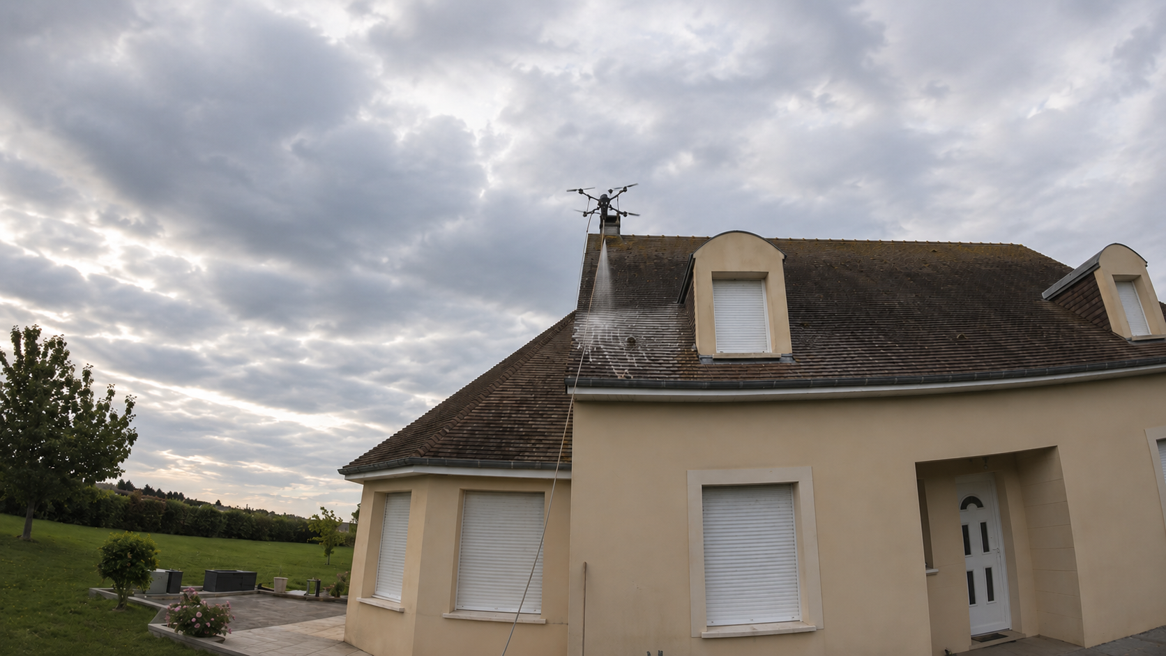 Pulvérisation d’un traitement de toiture par drone au Mesnil-Patry dans le Calvados