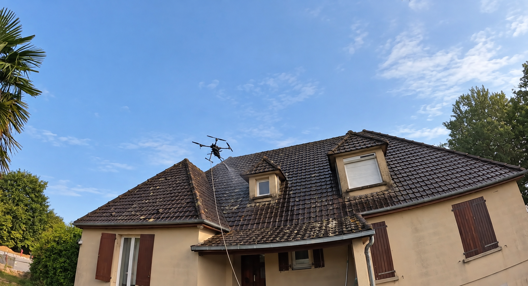 Traitement anti-mousse d’une toiture en tuiles par drone à Sottevast dans la Manche