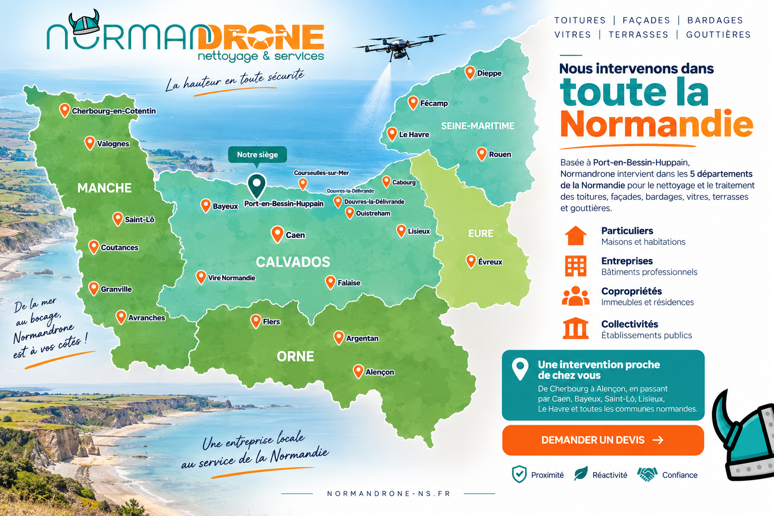 Carte de la zone d’intervention de Normandrone dans les cinq départements de Normandie